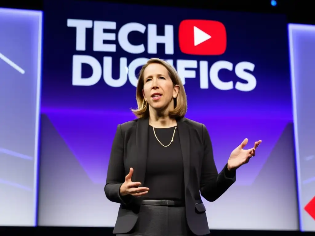 Susan Wojcicki en conferencia tech, proyectando datos de YouTube