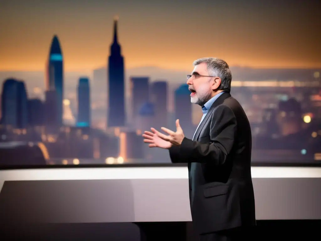 Un debate apasionado de Paul Krugman en una conferencia económica, con una ciudad moderna de fondo