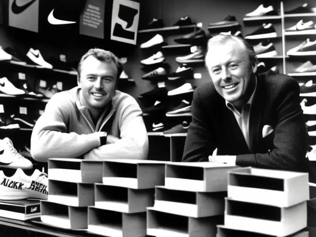 En la década de 1960, Phil Knight y Bill Bowerman se sientan en su primera tienda, rodeados de cajas de zapatos y equipo deportivo