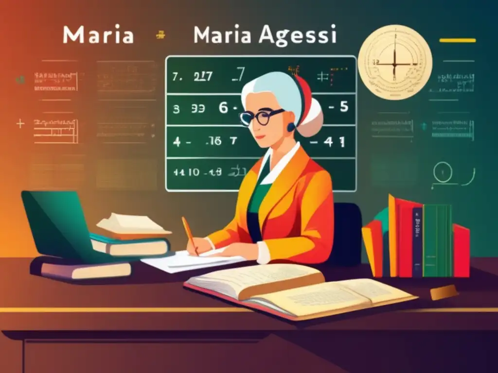 María Gaetana Agnesi, dedicada a las matemáticas, rodeada de ecuaciones y libros