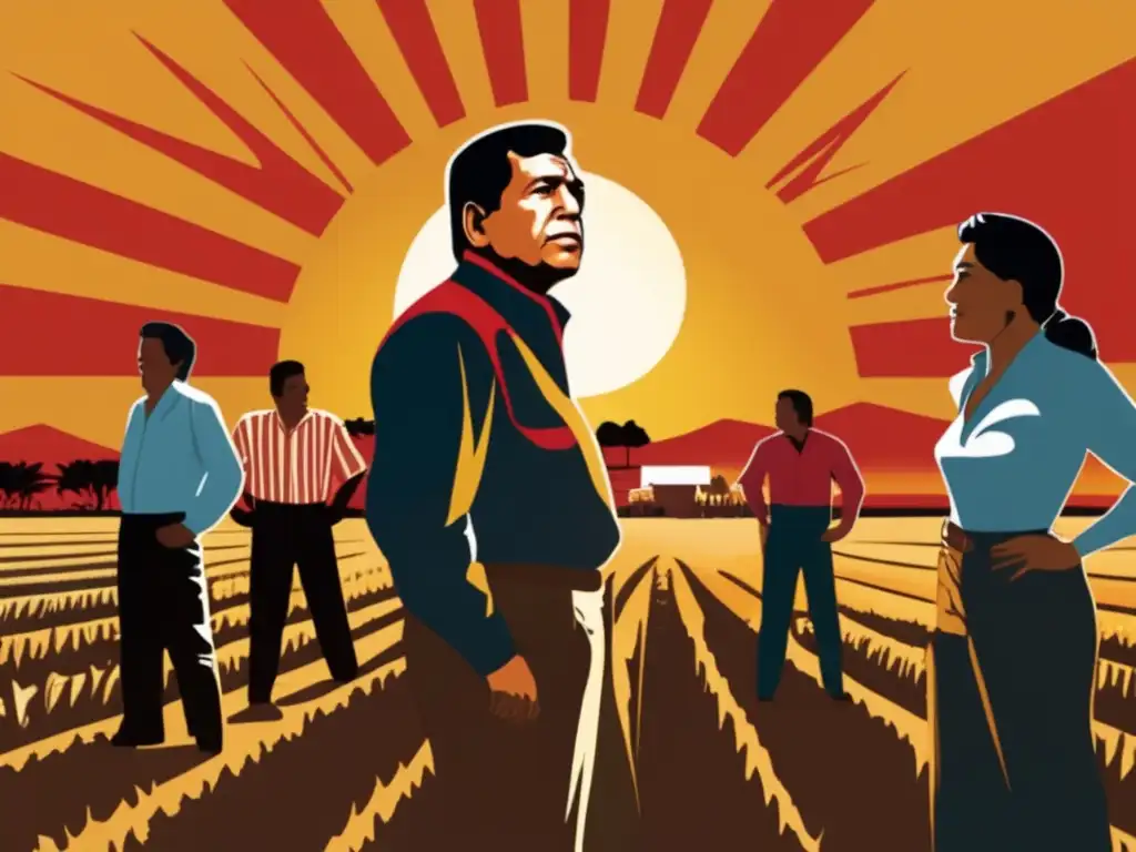 César Chávez lidera la defensa trabajadores agrícolas con determinación al atardecer, irradiando fuerza y unidad