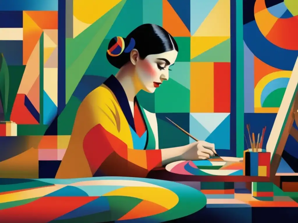 Sonia Delaunay inmersa en su arte abstracto, pintando con determinación en un estudio moderno lleno de colores y formas geométricas