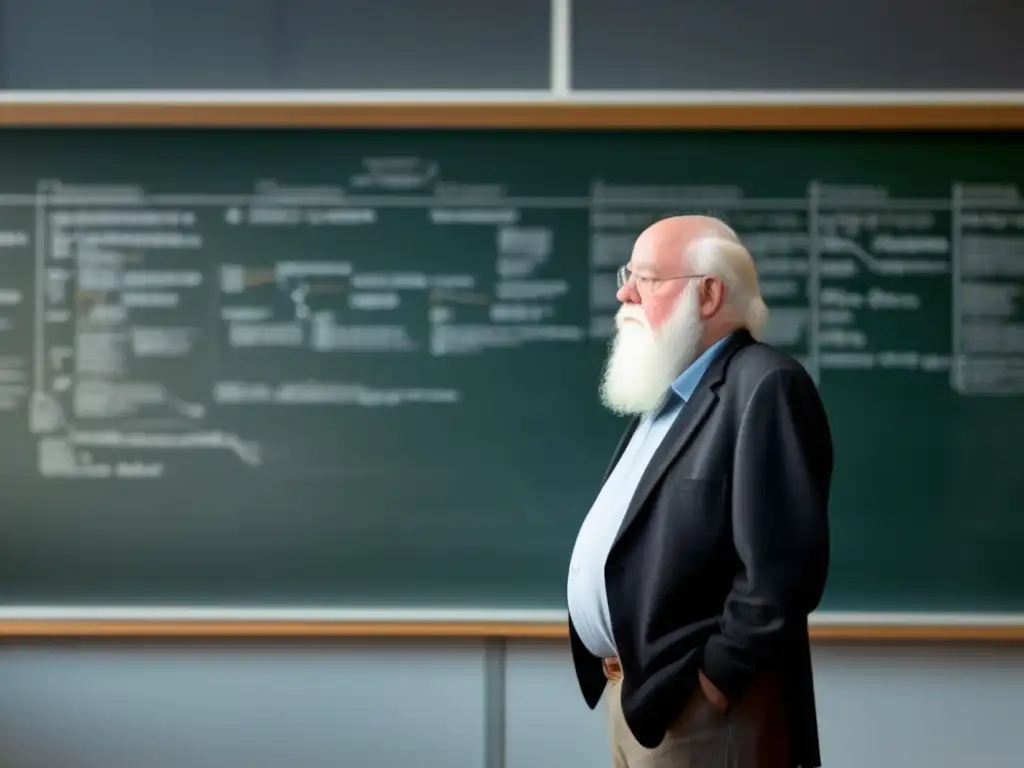 Daniel Dennett inmerso en complejos diagramas filosóficos y neurológicos, con expresión pensativa, en un aula moderna y minimalista