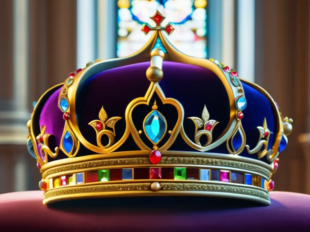 Brillante corona de oro: tesoro en la penumbra Derecho divino de los reyes británicos: Majestuosa corona dorada con incrustaciones, en un ambiente de opulencia y luz tenue