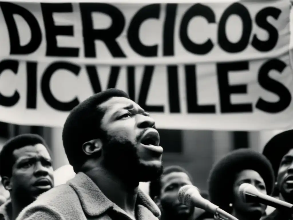 Fred Hampton lucha por los derechos civiles: foto en blanco y negro de él frente a una multitud, con expresión determinada y apasionada