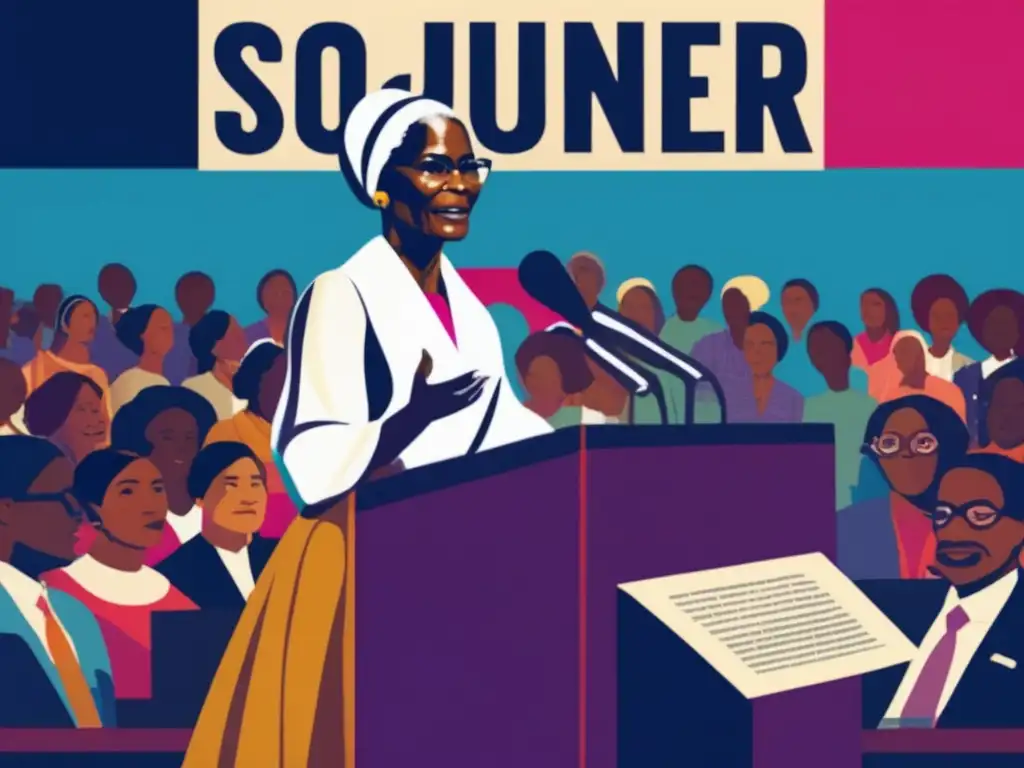Sojourner Truth lucha derechos civiles: Imagen impactante de Truth pronunciando un discurso poderoso en una convención de derechos de la mujer, con una audiencia diversa y comprometida