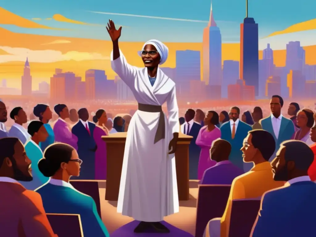 Sojourner Truth lucha por los derechos civiles: pintura digital de alta resolución con su poderosa presencia y un público diverso comprometido