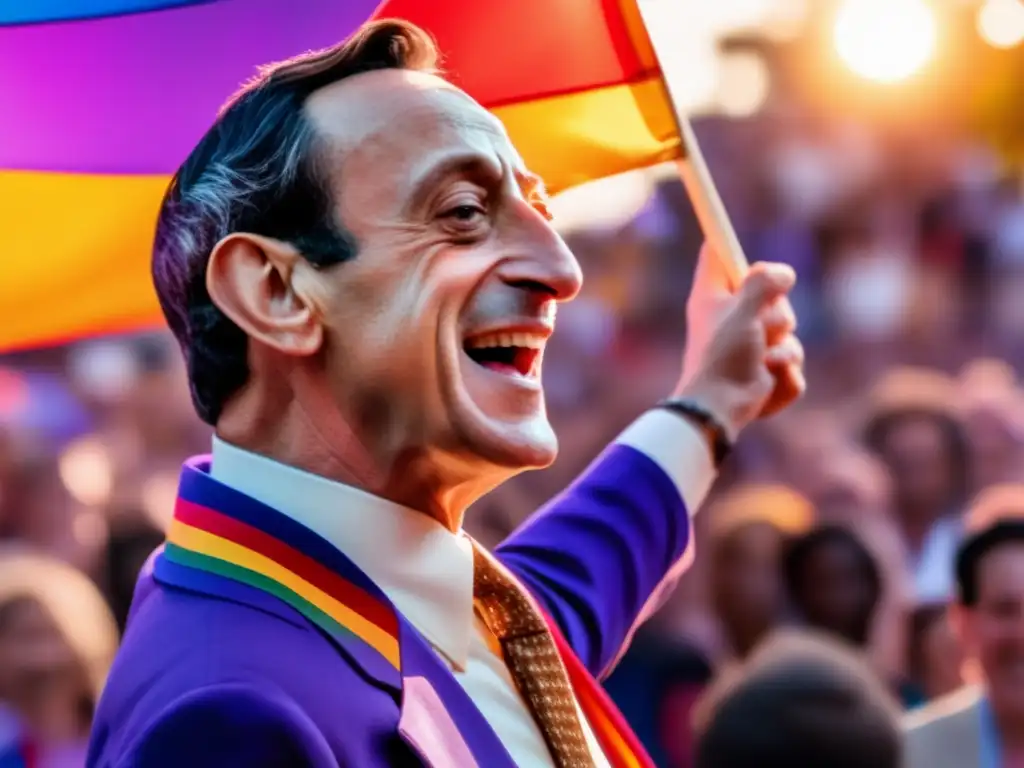 Harvey Milk lucha por los derechos LGBTQ+: Discurso apasionado en una concentración con diversidad y banderas de orgullo