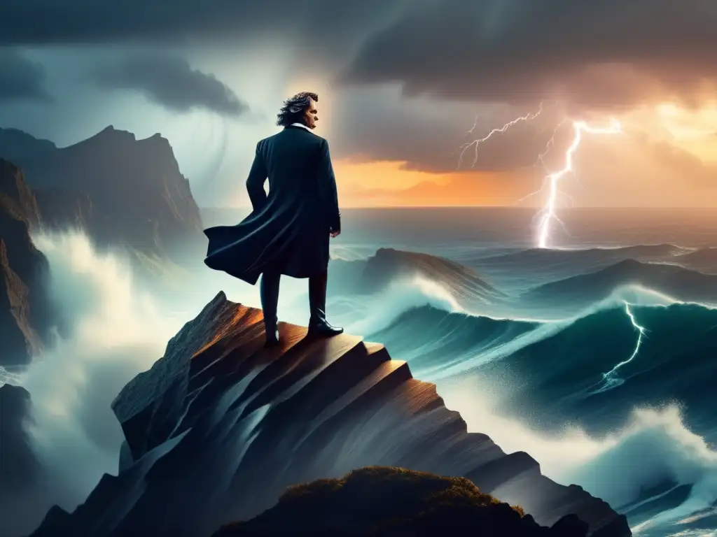 Ludwig van Beethoven desafiante en un acantilado tormentoso, con el mar agitado y relámpagos en el cielo