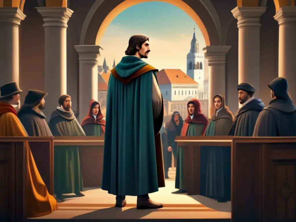Giordano Bruno, filósofo mártir, desafiante ante sus acusadores en un detallado escenario del siglo XVI