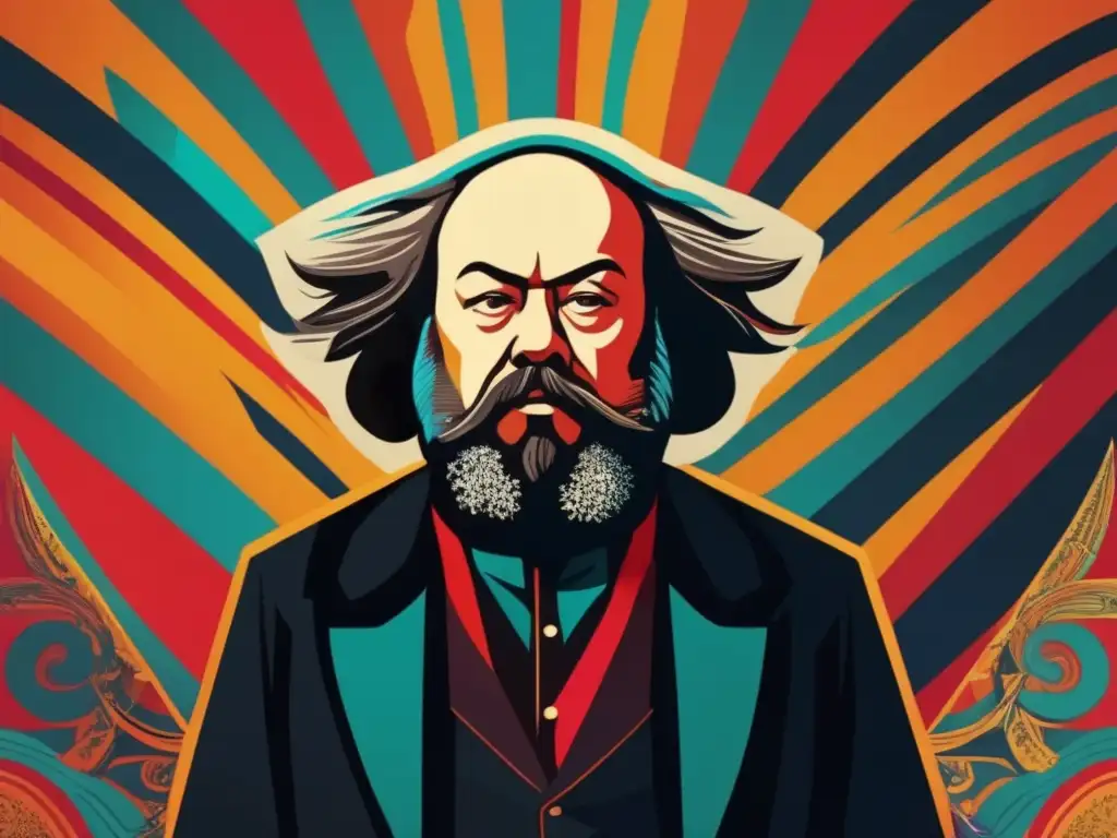 Mikhail Bakunin desafiante ante fondo abstracto caótico que refleja su legado filosófico