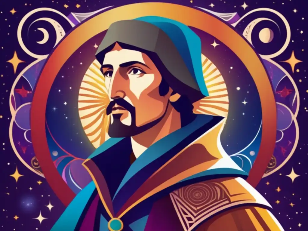 Giordano Bruno, filósofo mártir, desafiante frente al cosmos, rodeado de libros y pergaminos, en una ilustración digital de alta resolución