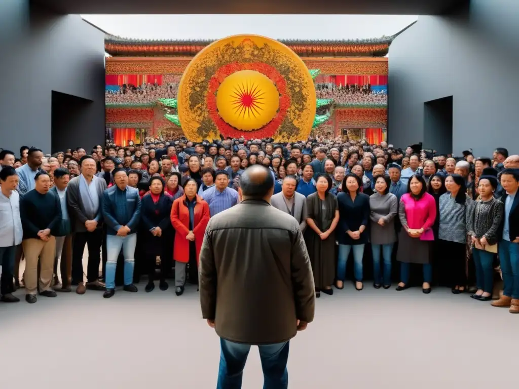 Ai Weiwei desafiante frente a su obra de arte, rodeado de seguidores y detractores, simbolizando la lucha por la libertad de expresión en China