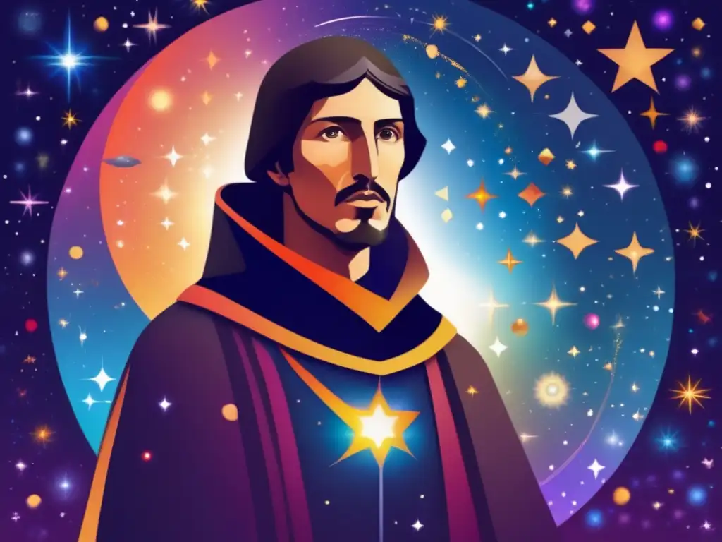 Giordano Bruno, filósofo mártir, desafiante frente al universo, rodeado de símbolos de conocimiento y energía cósmica