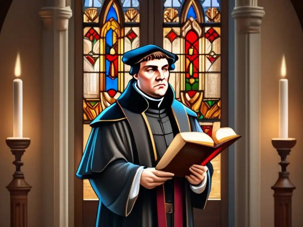 Martin Lutero desafiante: pintura digital de alta resolución- Martín Lutero desafiante en las puertas de la Iglesia del Castillo de Wittenberg, con una pluma y sus 95 tesis