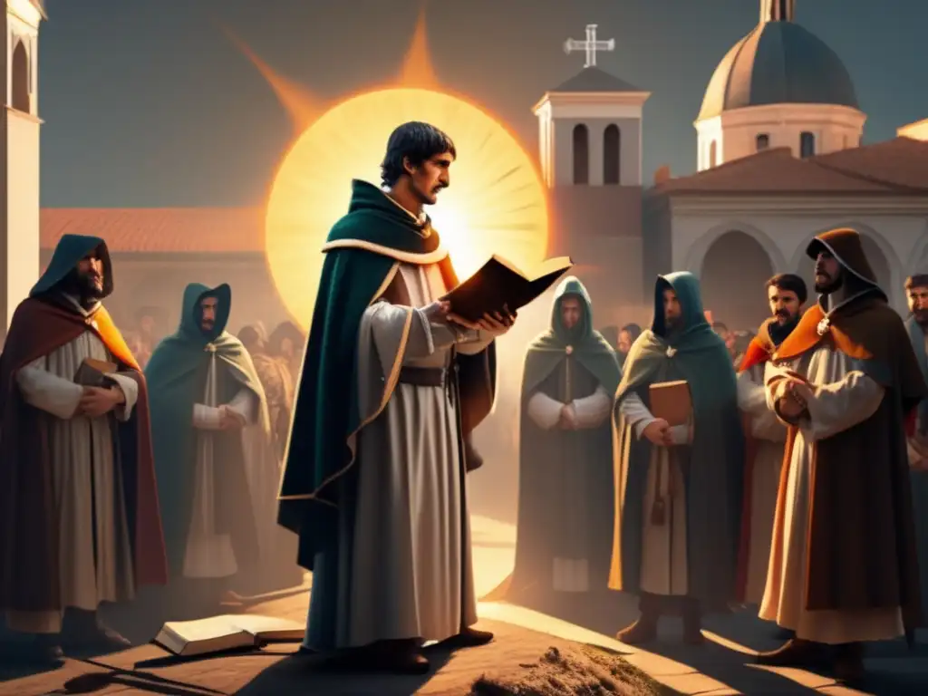 Giordano Bruno filósofo mártir desafiante ante la Inquisición Romana, con el sol brillando detrás de él y proyectando una sombra dramática en el suelo