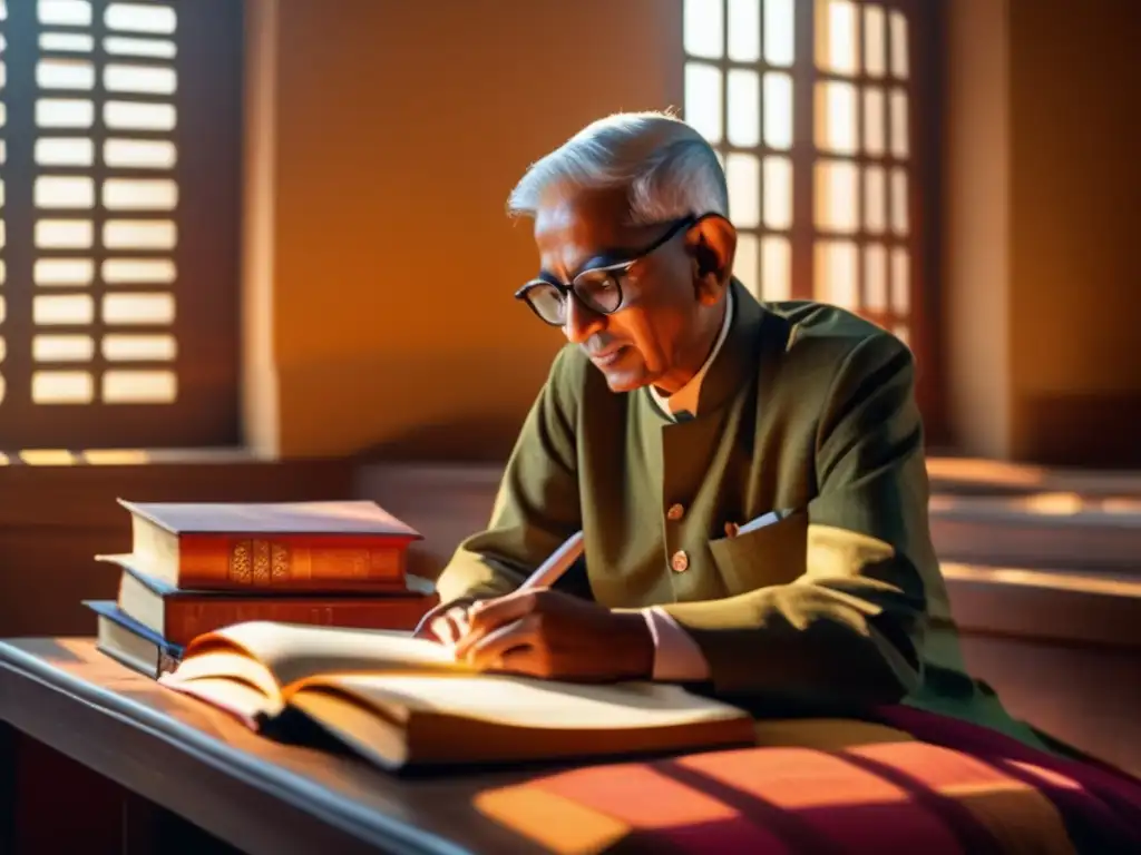 Morarji Desai, India sin corrupción: Estudiante concentrado rodeado de libros en aula tradicional con luz cálida