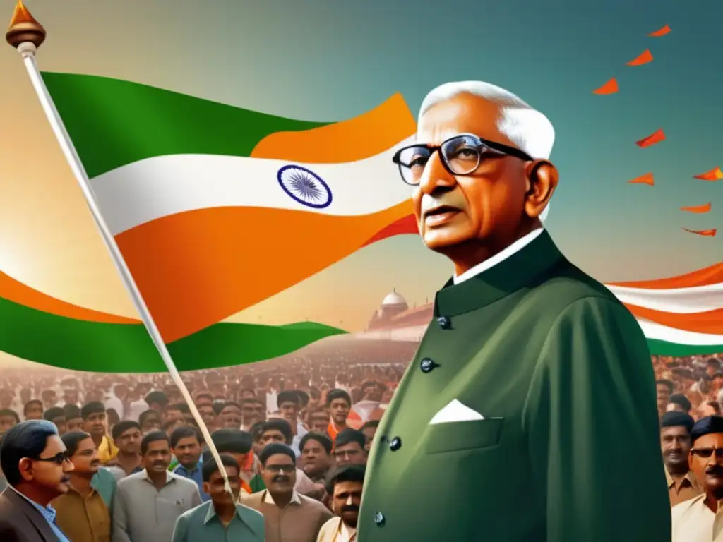 Morarji Desai India sin corrupción: Imagen de Desai frente a una multitud, con la bandera tricolor ondeando al fondo