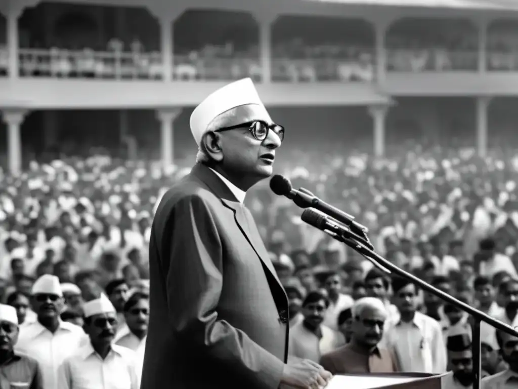 Morarji Desai, líder visionario, inspira a la multitud con su discurso apasionado por una India sin corrupción