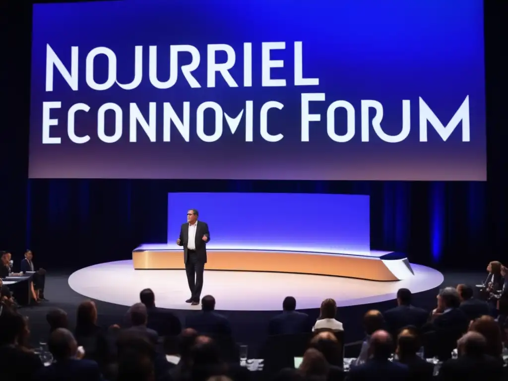 El Profeta del desastre Nouriel Roubini dando una apasionada conferencia en un auditorio futurista y sofisticado