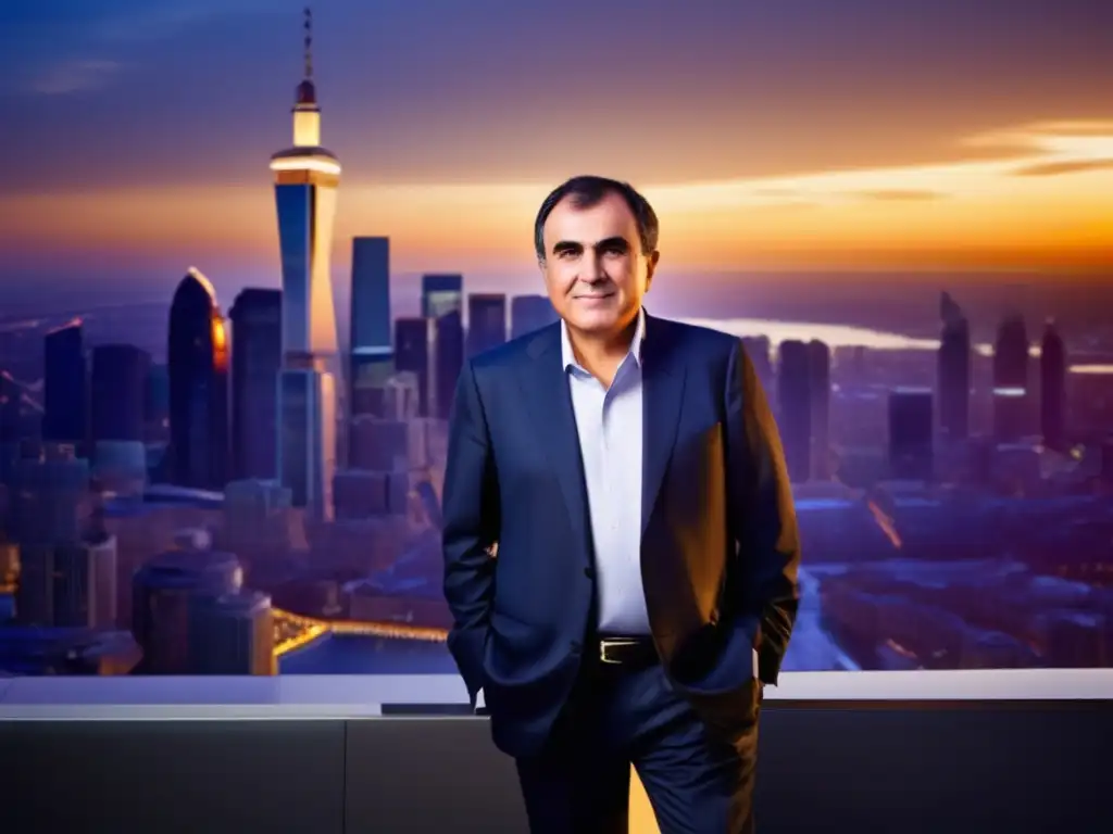 El Profeta del desastre Nouriel Roubini destaca con autoridad en un atardecer urbano, irradiando conocimiento y modernidad