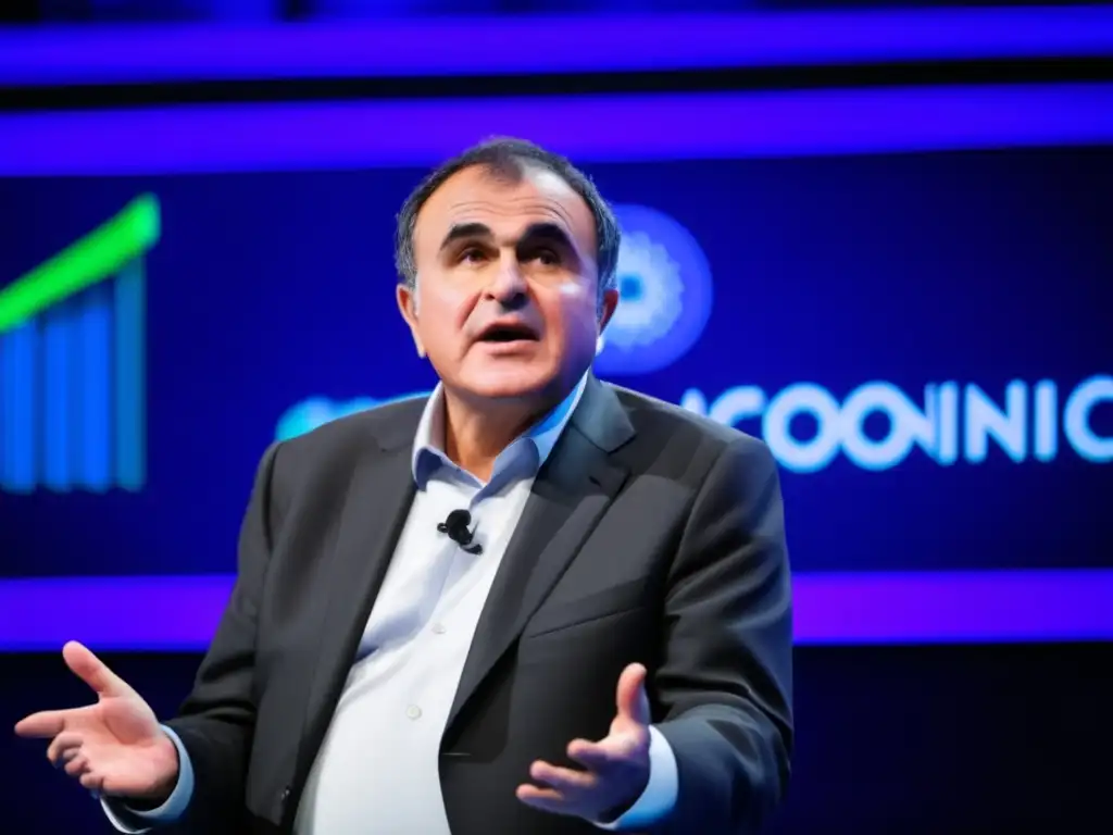 Nouriel Roubini, Profeta del desastre, habla en una conferencia sobre predicciones económicas en un elegante salón con iluminación dramática