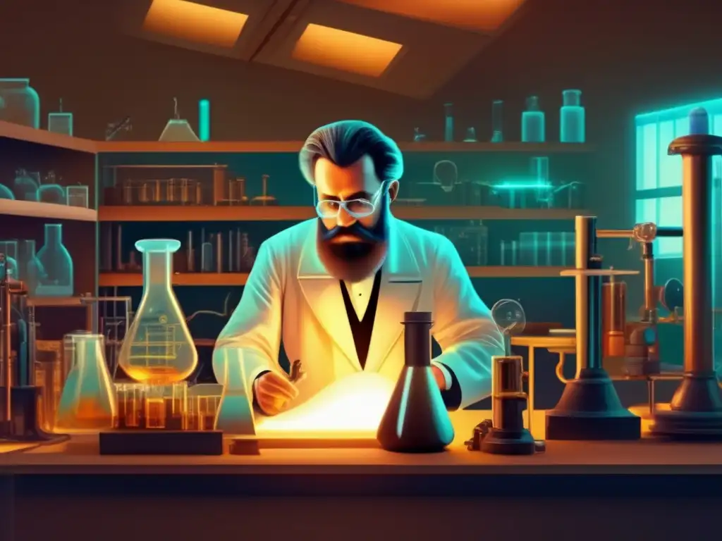 Wilhelm Conrad Roentgen haciendo el descubrimiento de los rayos X en su laboratorio, rodeado de equipamiento científico y una suave y misteriosa luz