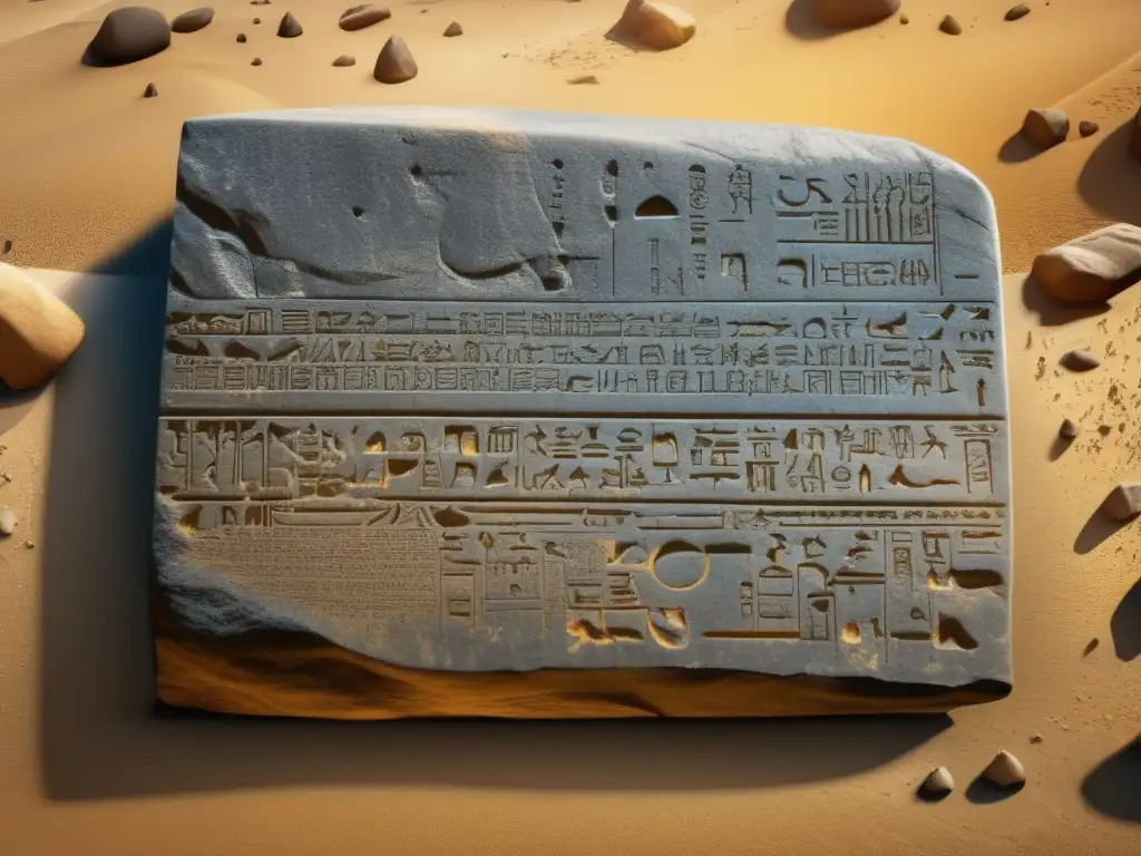 Descubrimientos de Champollion en Egipto: detallada imagen 8k de la Piedra Rosetta y sus jeroglíficos, bañada en luz suave