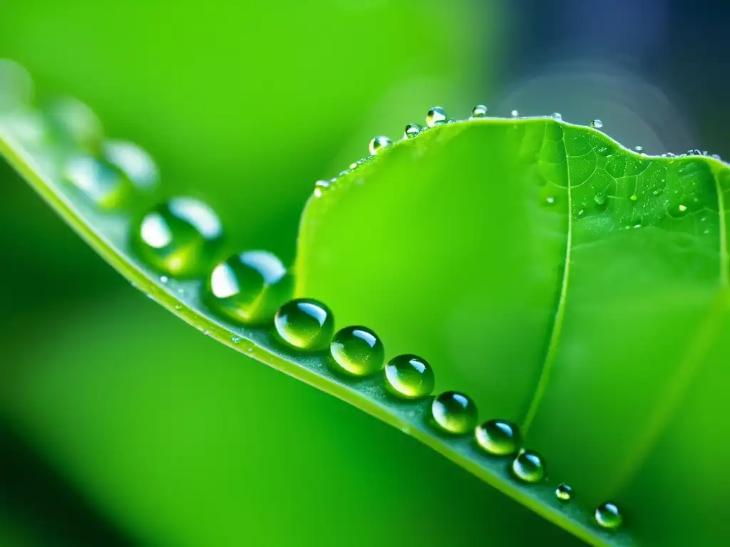 Descubrimientos genéticos de Gregor Mendel: Detalles de hojas verdes de planta de guisante con gotas de rocío, resplandor del sol y red de venas