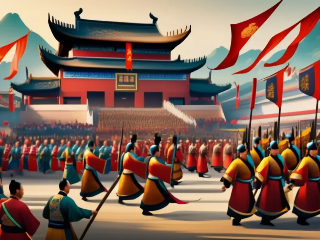 Un desfile majestuoso de oficiales y soldados de la Dinastía Han en una bulliciosa ciudad china, con detalles realistas y colores vibrantes