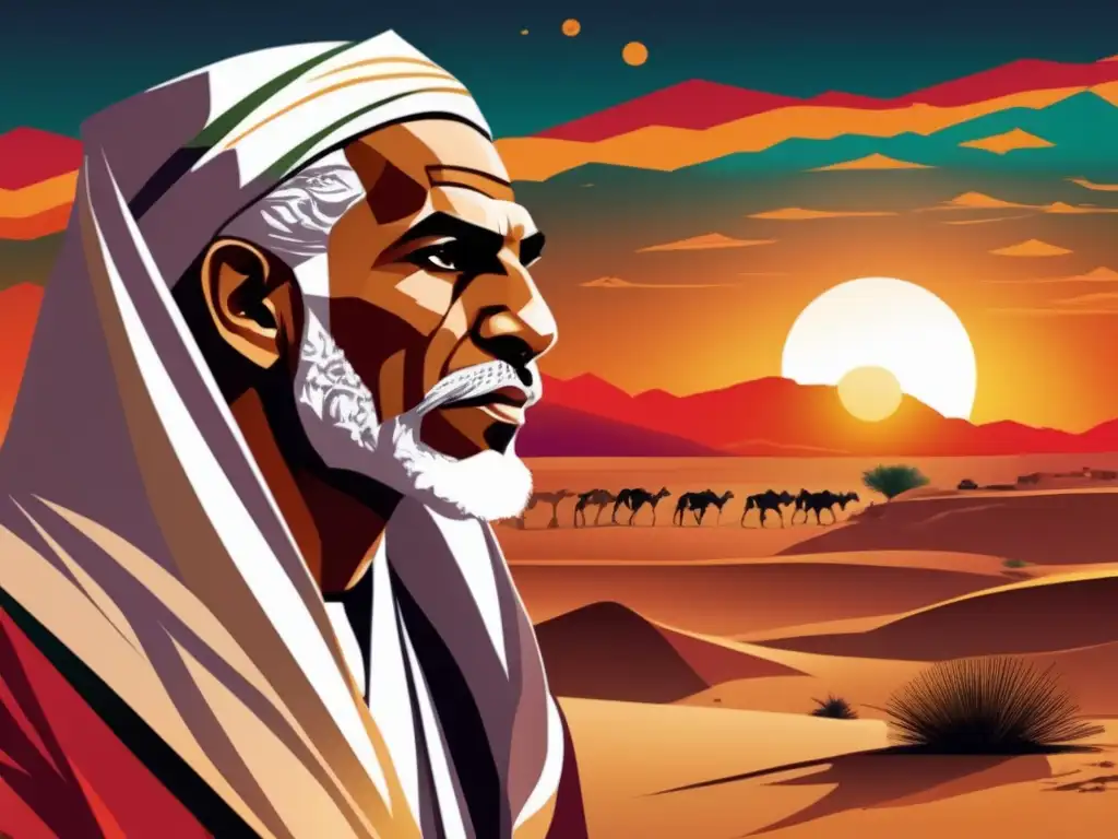 Omar Mukhtar, el León del Desierto, destaca en una impactante obra digital, mostrando determinación y valentía en el paisaje libio al atardecer