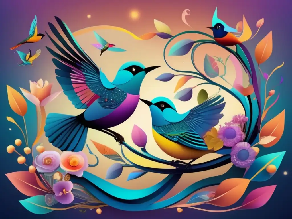 Un deslumbrante arte digital que captura el realismo mágico de Isabel Allende con aves coloridas y elementos simbólicos flotantes entre luces etéreas