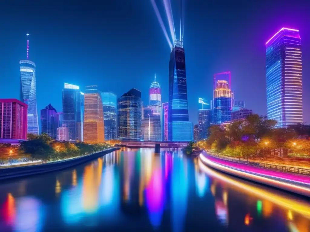 Una deslumbrante ciudad moderna iluminada con luces vibrantes y reflejada en el río, capturando la energía urbana contemporánea