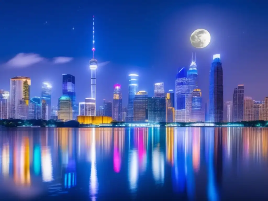 Una deslumbrante ciudad nocturna con rascacielos iluminados reflejados en el río