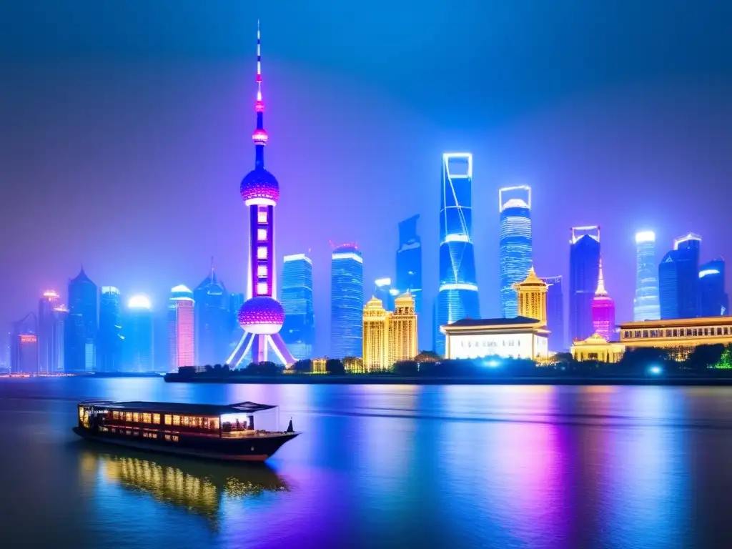 La deslumbrante ciudad de Shanghai de noche, con sus rascacielos brillantes reflejándose en las tranquilas aguas del río Huangpu, muestra el progreso económico moderno de China bajo el liderazgo de Hu Jintao