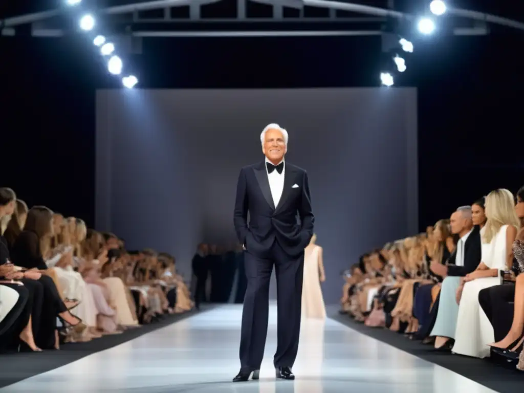 Un deslumbrante desfile de moda con Giorgio Armani en el centro, rodeado de modelos luciendo sus elegantes diseños