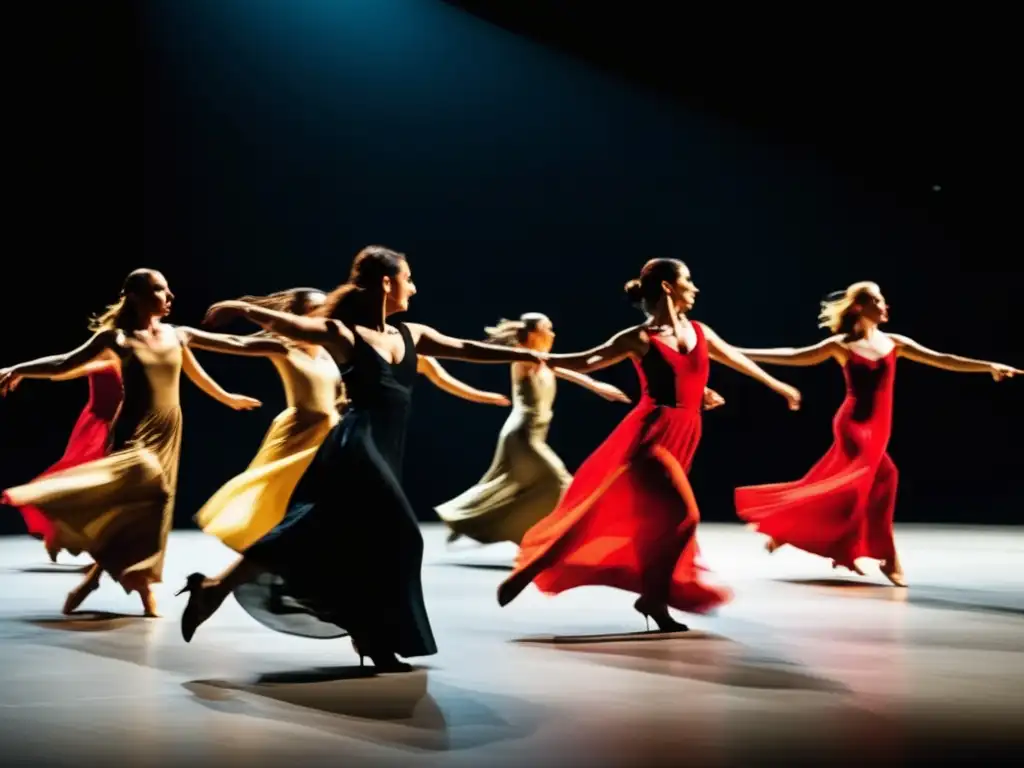 Un deslumbrante espectáculo de Pina Bausch teatro danza, con movimientos dinámicos y expresivos, iluminación dramática y trajes vanguardistas