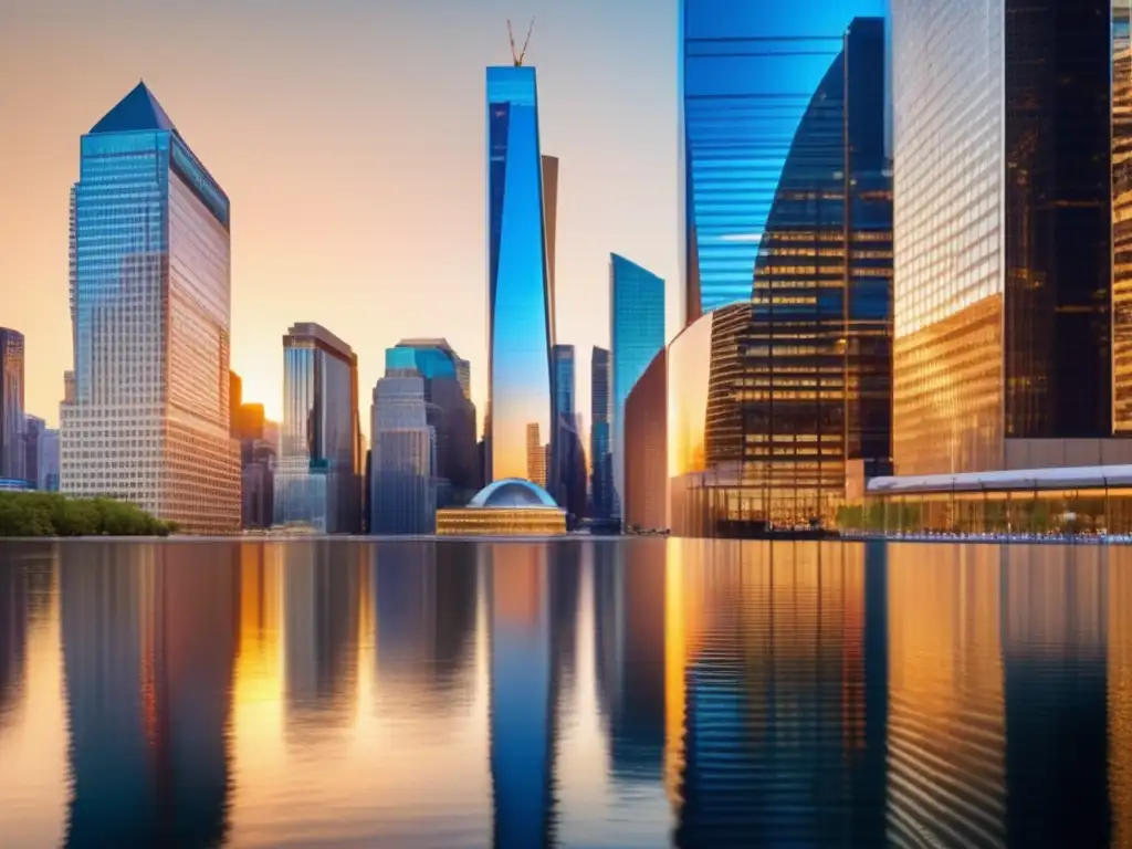 Una deslumbrante vista panorámica de un bullicioso distrito financiero, con modernos rascacielos reflejando la luz dorada del atardecer