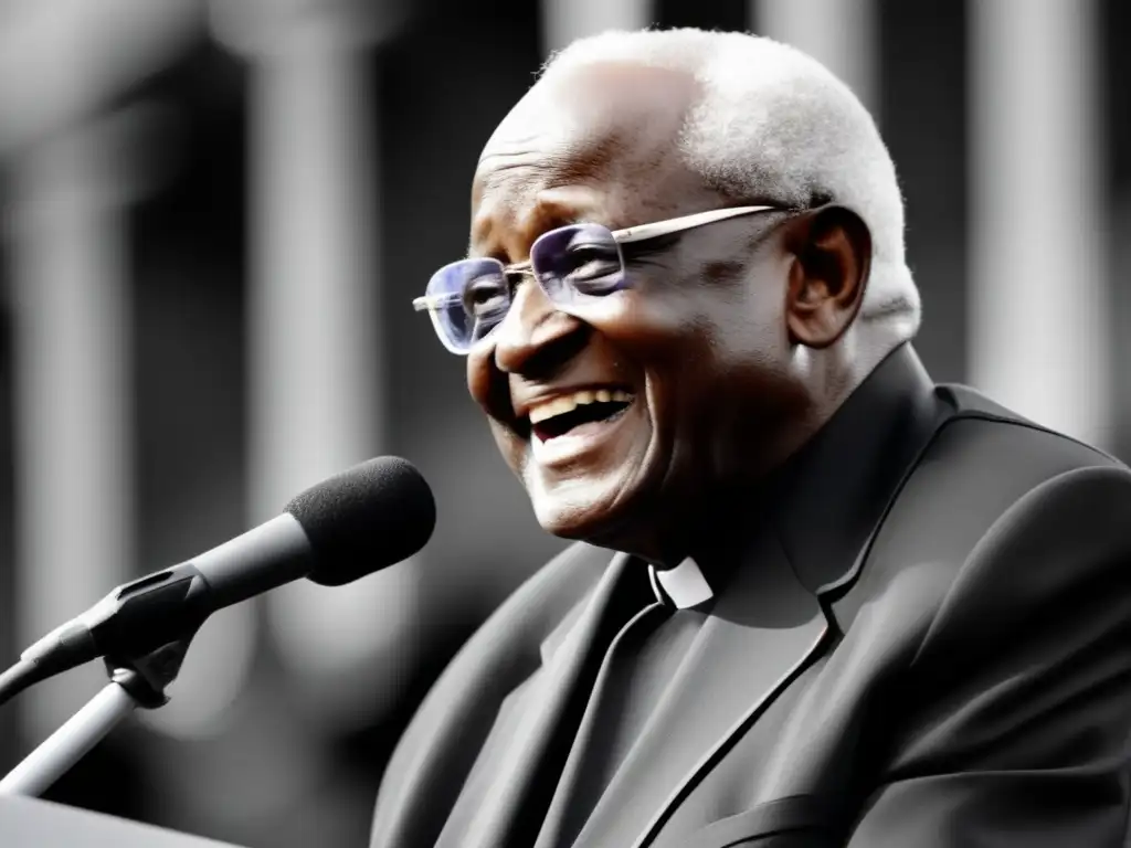 Desmond Tutu lucha contra prejuicio: foto en blanco y negro de Tutu hablando con pasión ante una multitud diversa, expresando unidad y empoderamiento