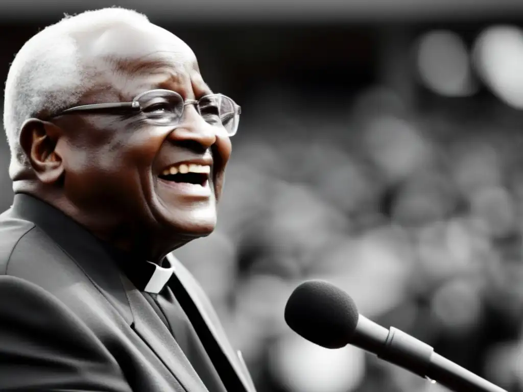 Desmond Tutu lucha contra prejuicio: Imagen impactante en blanco y negro de Tutu frente a una multitud diversa, irradiando liderazgo y esperanza