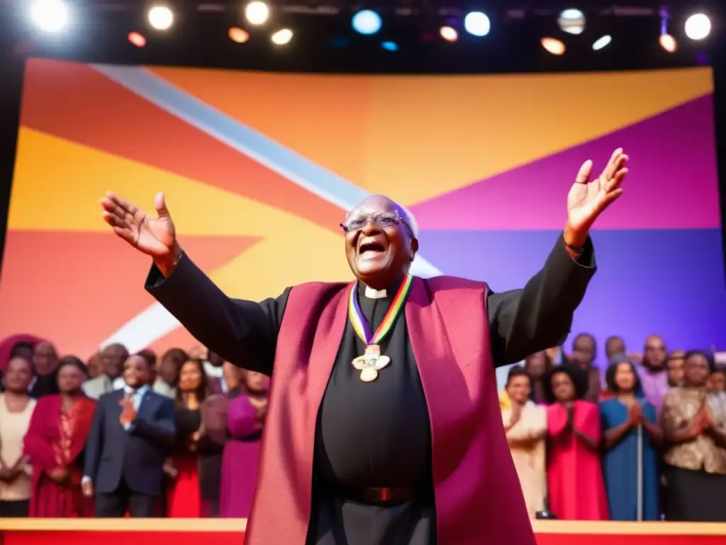 Desmond Tutu lucha contra prejuicio: Imagen de Tutu en un escenario, gestos apasionados, rodeado de diversa audiencia, colores vibrantes de fondo