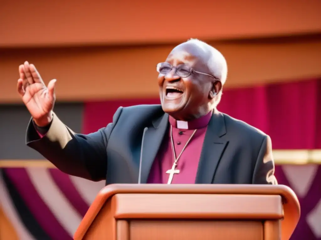 Desmond Tutu, líder de la filosofía de reconciliación, con gesto de paz en el podio