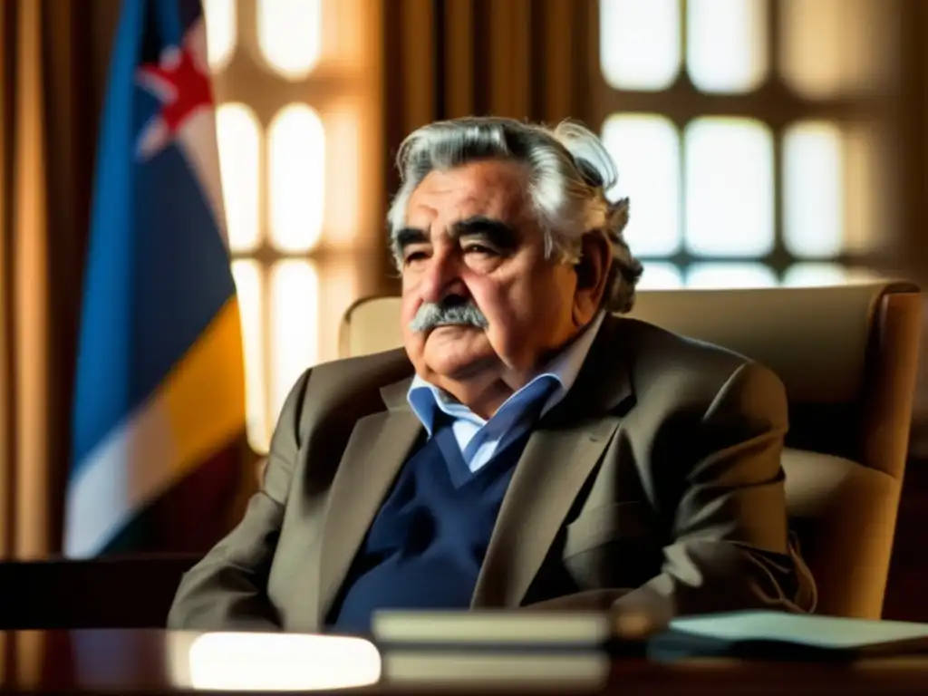 José Mujica reflexiona en su despacho presidencial, con la bandera uruguaya de fondo