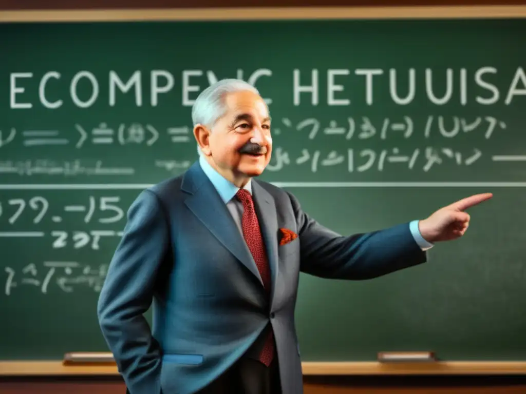 Ludwig von Mises, figura destacada de la Escuela Austriaca de economía, reflexiona frente a una pizarra llena de ecuaciones económicas complejas