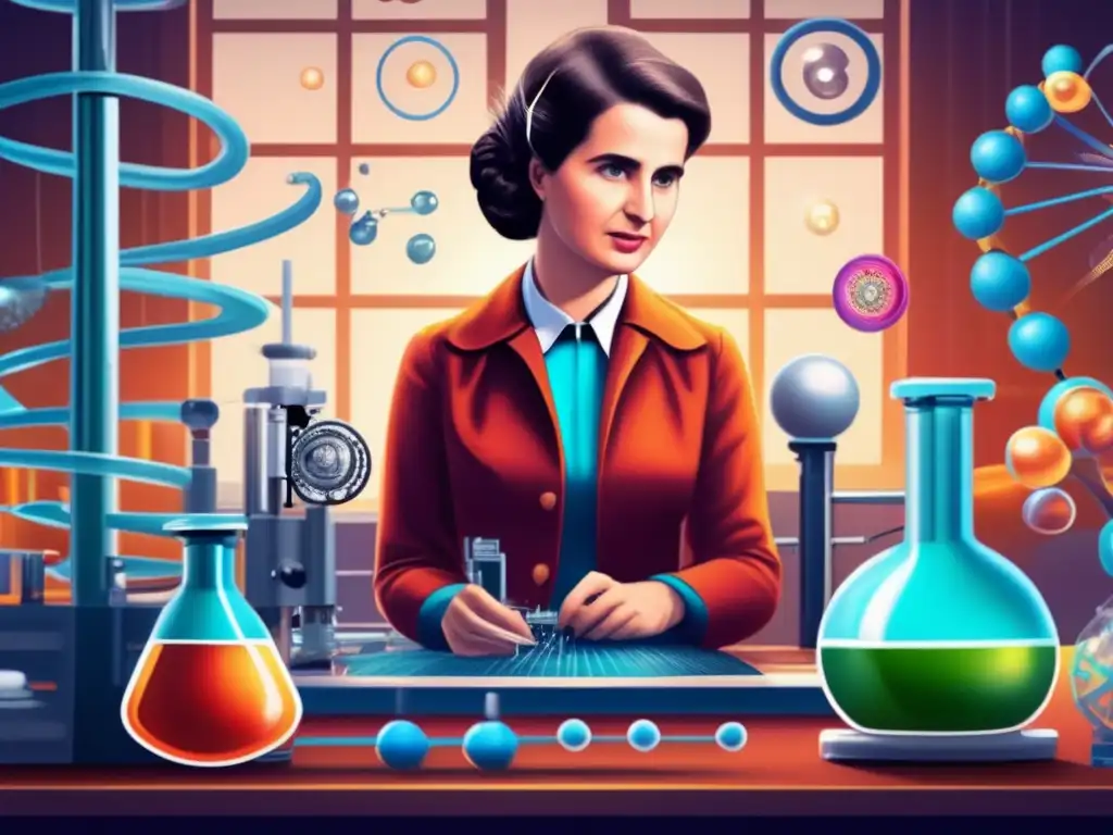 Rosalind Franklin, destacada en genética, concentra su intensa determinación en su laboratorio rodeada de equipo científico y hélices de ADN