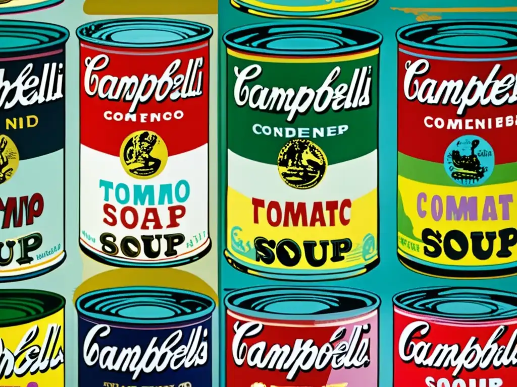 Una fotografía detallada en alta resolución de la famosa pintura 'Campbell's Soup Cans' de Andy Warhol