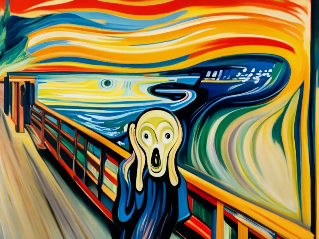Una fotografía detallada en alta resolución del famoso cuadro 'El grito' de Edvard Munch, capturando la intensa y distorsionada expresión facial de la figura central, con colores vibrantes y pinceladas dinámicas que transmiten angustia y desesperación existencial
