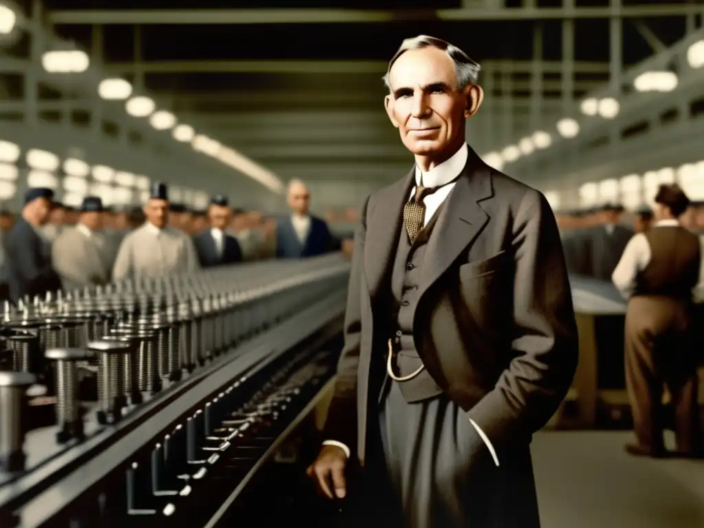 Una fotografía detallada en alta resolución muestra a Henry Ford orgulloso frente a su revolucionaria cadena de montaje