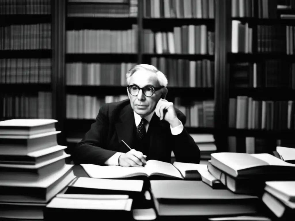 Una fotografía detallada en blanco y negro de Claude Lévi-Strauss sentado en su escritorio, rodeado de pilas de libros y papeles