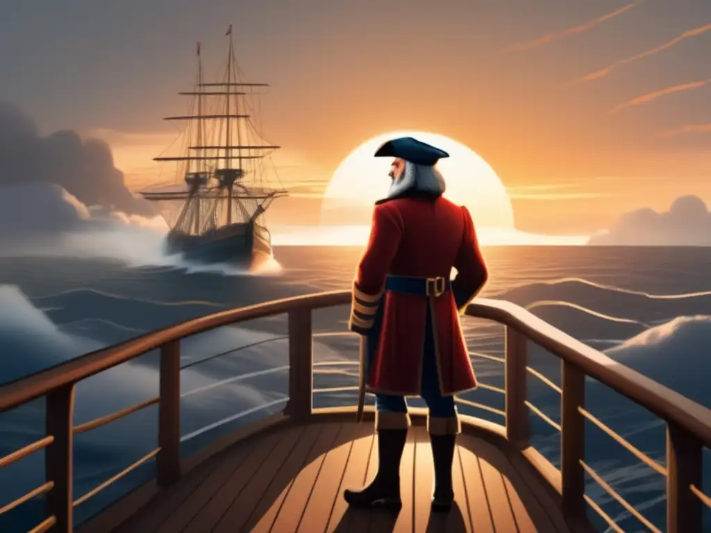 En la ilustración detallada, John Cabot mira determinado el vasto océano al amanecer en su barco, capturando la esencia de la exploración